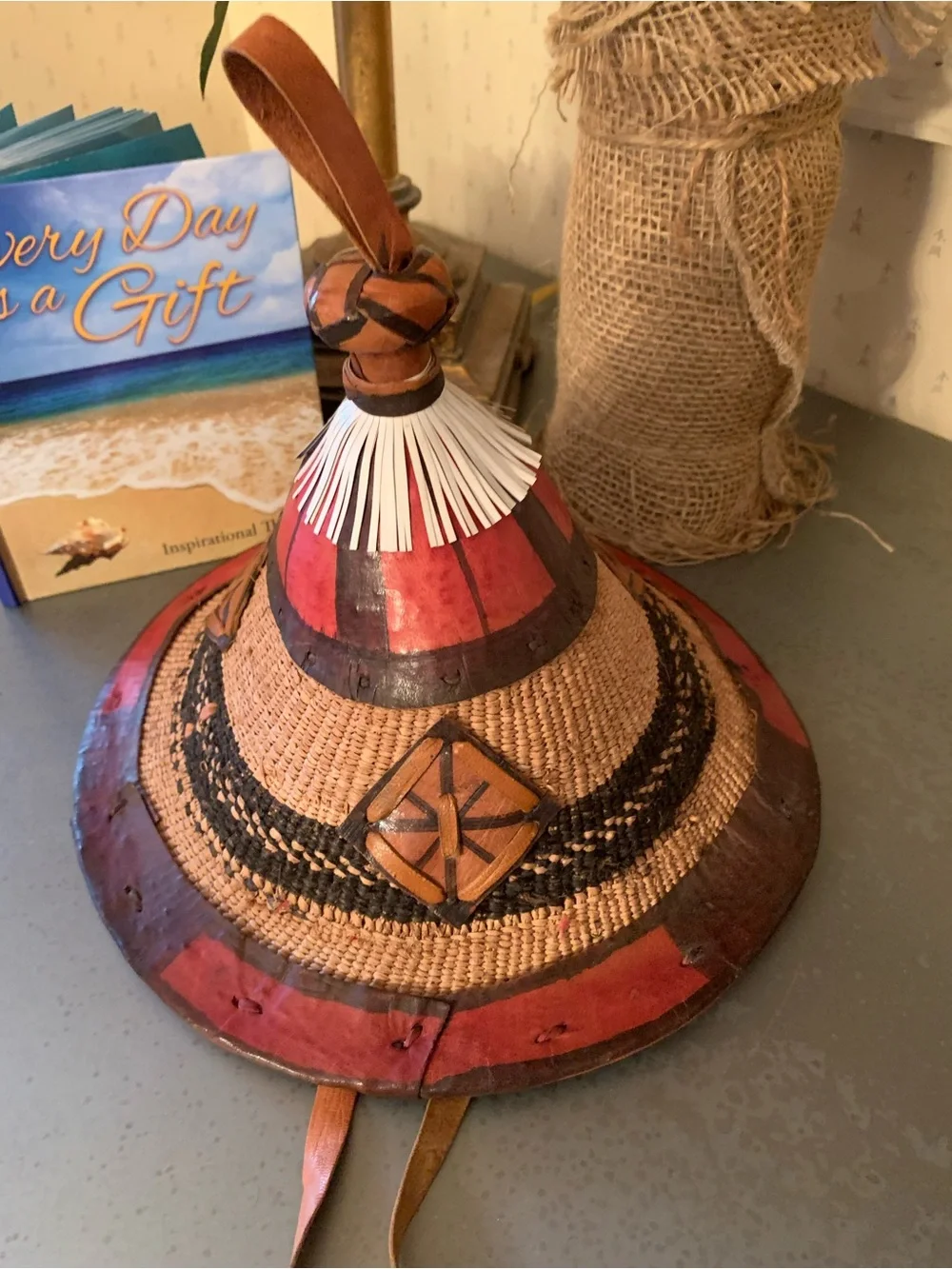 VINTAGE Fulani Hat from West Africa, HANDMADE Conical fiber straw leather trim.